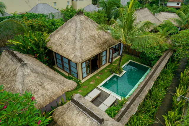 A thatched villa and its private pool from above